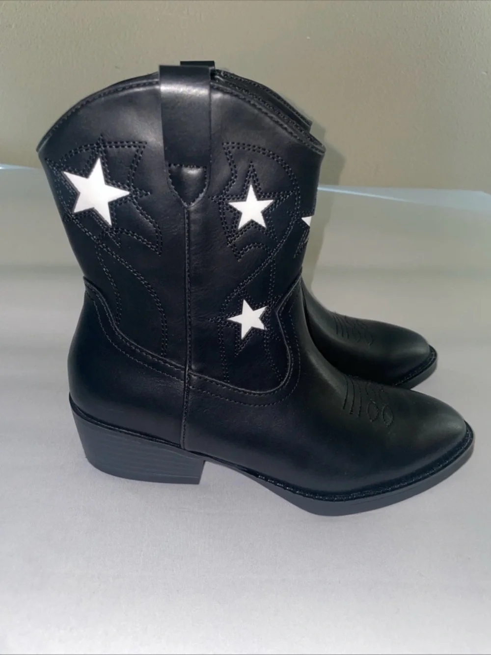 Girls‎ Western Boots Size 4 Black White Star Faux Leather Cowboy